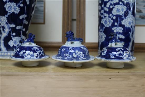 A pair of 19th century Chinese blue and white sleeve vases, three further vases and a ginger jar tallest 30.5cm